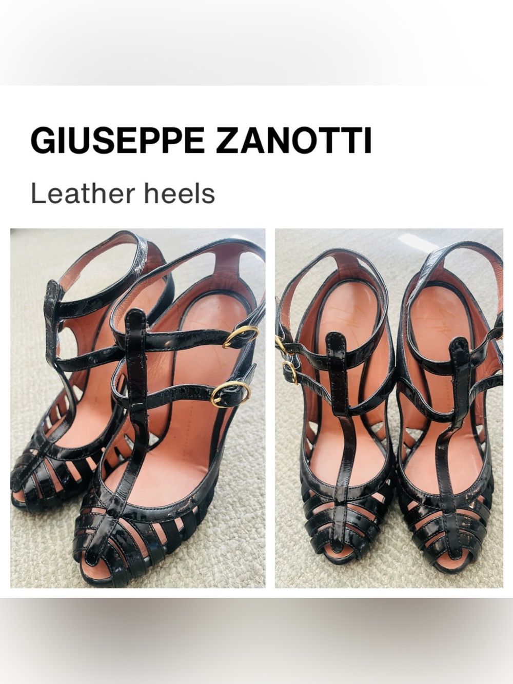 GIUSEPPE ZANOTTI Black Patent & Suede Leather Double T-Strap Heels Gold  Accent